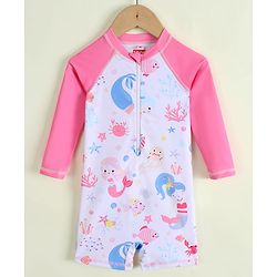 Babyhug Raglan Full Sleeves Sea Life Printed Legged Swimsuit - Pink