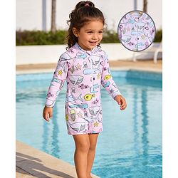 Babyhug Raglan Full Sleeves Sea Life Printed Legged Swimsuit - Multicolour