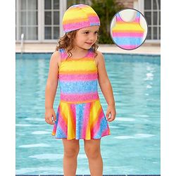 Babyhug Sleeveless Striped & Printed Frock Swimsuit with Cap - Multicolor