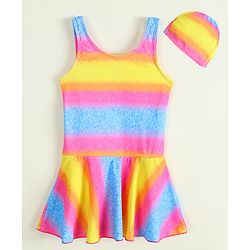 Babyhug Sleeveless Striped & Printed Frock Swimsuit with Cap - Multicolor