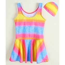 Babyhug Sleeveless Striped & Printed Frock Swimsuit with Cap - Multicolor