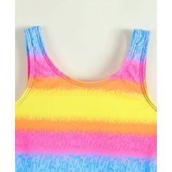 Babyhug Sleeveless Striped & Printed Frock Swimsuit with Cap - Multicolor