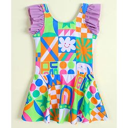 Babyhug Frill Sleeves Frock Swimsuit with Tropical Theme - Multicolor