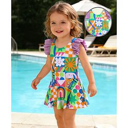 Babyhug Frill Sleeves Frock Swimsuit with Tropical Theme - Multicolor