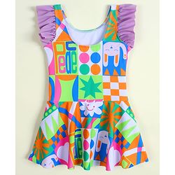 Babyhug Frill Sleeves Frock Swimsuit with Tropical Theme - Multicolor