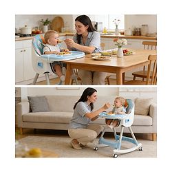 Babyhug 3-in-1 Convertible High Chair - Green| 5-Point Safety Harness| Dual Detachable Food Tray| Adjustable & Foldable Design| Removable Wheels with Brakes| Anti-Skid Base| Toddler & Rocking Chair
