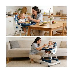 Babyhug 3-in-1 Convertible High Chair - Green| 5-Point Safety Harness| Dual Detachable Food Tray| Adjustable & Foldable Design| Removable Wheels with Brakes| Anti-Skid Base| Toddler & Rocking Chair