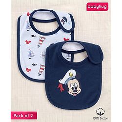 Babyhug Disney Mickey Sailor Print Premium Bibs Pack of 2 - Blue & Navy| Soft & Skin Friendly| Absorbent Material| Feeding & Drool Protection| Machine Washable| Easy Velcro Closure