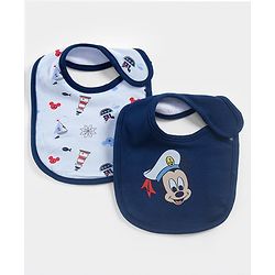 Babyhug Disney Mickey Sailor Print Premium Bibs Pack of 2 - Blue & Navy| Soft & Skin Friendly| Absorbent Material| Feeding & Drool Protection| Machine Washable| Easy Velcro Closure