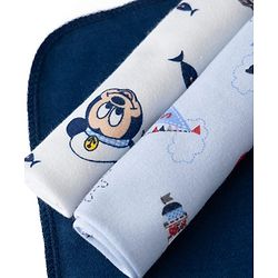 Babyhug Disney Premium Wash Cloths Pack of 3 Sailor Mickey Print - White, Blue & Navy| Soft & Gentle| Highly Absorbent| Multipurpose Baby Care Essential| Machine Washable| Soft & Breathable