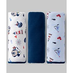 Babyhug Disney Mickey Sailor Print Premium Cotton Wrappers Pack of 3 - White, Blue & Navy| Soft & Breathable| Lightweight | Multi-Purpose Baby Wrapper| 0-12 Months| Travel Friendly