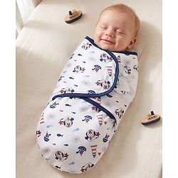 Babyhug Disney Sailor Mickey Premium Swaddle Wrapper - White Soft Breathable Cotton Adjustable Velcro Closure Gentle on Baby's Skin 0-6 Months Prevents Startling Reflex Travel Friendly