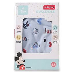 Babyhug Disney Sailor Mickey Premium Swaddle Wrapper - Blue Soft Breathable Cotton Adjustable Velcro Closure| Gentle on Baby's Skin 0-6 Months Prevents Startling Reflex Travel Friendly