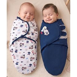 Babyhug Disney Sailor Mickey Premium Swaddle Pack of 2 - Navy & White Soft & Skin Friendly Cotton Velcro Closure| Newborn Baby Wrapper  0 to 6 Months Prevents Startling Reflex Travel Friendly