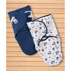 Babyhug Disney Sailor Mickey Premium Swaddle Pack of 2 - Navy & White Soft & Skin Friendly Cotton Velcro Closure| Newborn Baby Wrapper  0 to 6 Months Prevents Startling Reflex Travel Friendly