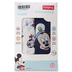 Babyhug Disney Sailor Mickey Premium Swaddle Pack of 2 - Navy & White Soft & Skin Friendly Cotton Velcro Closure| Newborn Baby Wrapper  0 to 6 Months Prevents Startling Reflex Travel Friendly