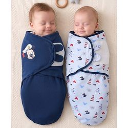 Babyhug Disney Sailor Mickey Premium Swaddle Wrapper Pack of 2 - Navy Blue Soft & Skin Friendly Cotton Velcro Closure Newborn Baby Wrapper 0 to 6 Months Prevents Startling Reflex| Trave Friendly
