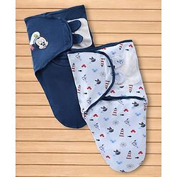 Babyhug Disney Sailor Mickey Premium Swaddle Wrapper Pack of 2 - Navy Blue Soft & Skin Friendly Cotton Velcro Closure Newborn Baby Wrapper 0 to 6 Months Prevents Startling Reflex| Trave Friendly