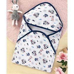 Babyhug Disney Mickey Sailor Print Premium Hooded Wrapper - White| 100% Interlock Cotton| Soft & Breathable| Lightweight & Skin Friendly| 0-6 Months| Prevents Startling Reflex| Travel Friendly