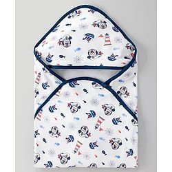 Babyhug Disney Mickey Sailor Print Premium Hooded Wrapper - White| 100% Interlock Cotton| Soft & Breathable| Lightweight & Skin Friendly| 0-6 Months| Prevents Startling Reflex| Travel Friendly