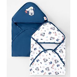 Babyhug Disney Mickey Sailor Print Premium Hooded Wrapper Pack of 2 - White & Navy| Newborn Essential|100% Interlock Cotton|Breathable Lightweight & Skin Friendly|0-6 Months| Prevents Startling Reflex