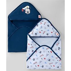 Babyhug Disney Mickey Sailor Print Premium Hooded Wrapper Pack of 2 - Blue & Navy| Newborn Essential| 100% Interlock Cotton|Breathable Lightweight & Skin Friendly|0-6 Months| Prevents Startling Reflex