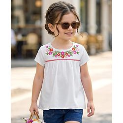 Babyhug Cotton Rayon Woven Half Sleeves Top with Floral Embroidery Detailing - White