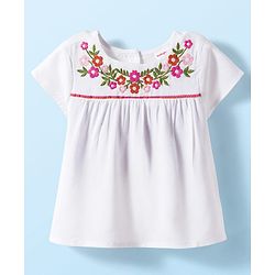 Babyhug Cotton Rayon Woven Half Sleeves Top with Floral Embroidery Detailing - White