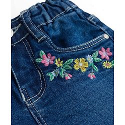 Babyhug Washed Denim Mid Thigh Length Shorts With Stretch &  Floral Embroidery - Navy Blue