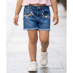 Babyhug Washed Denim Mid Thigh Length Shorts With Stretch &  Floral Embroidery - Navy Blue