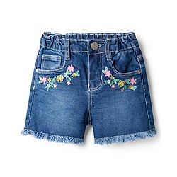 Babyhug Washed Denim Mid Thigh Length Shorts With Stretch &  Floral Embroidery - Navy Blue