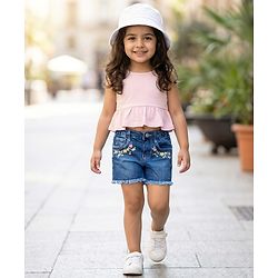 Babyhug Washed Denim Mid Thigh Length Shorts With Stretch &  Floral Embroidery - Navy Blue