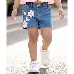 Babyhug Mid Thigh Washed Denim Shorts With Floral Applique & Stretch - Light Blue