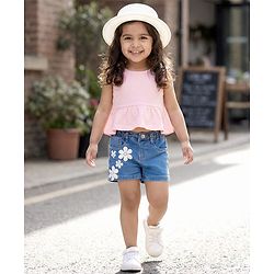 Babyhug Mid Thigh Washed Denim Shorts With Floral Applique & Stretch - Light Blue