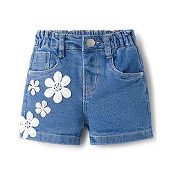 Babyhug Mid Thigh Washed Denim Shorts With Floral Applique & Stretch - Light Blue