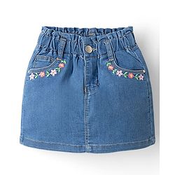 Babyhug Denim Mid Length Skirts With Floral Embroidery - Blue