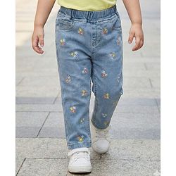Babyhug Full Length Washed Denim Jeans With Floral Embroidery & Stretch - Blue