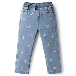 Babyhug Full Length Washed Denim Jeans With Floral Embroidery & Stretch - Blue
