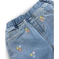 Babyhug Full Length Washed Denim Jeans With Floral Embroidery & Stretch - Blue
