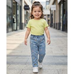 Babyhug Full Length Washed Denim Jeans With Floral Embroidery & Stretch - Blue