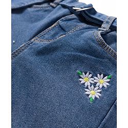 Babyhug Full Length Denim Jeans with Stretch Belt & Floral Embroidery - Blue