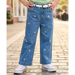 Babyhug Full Length Denim Jeans with Floral Embroidery & Belt - Blue