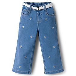 Babyhug Full Length Denim Jeans with Floral Embroidery & Belt - Blue