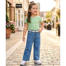 Babyhug Full Length Denim Jeans with Floral Embroidery & Belt - Blue