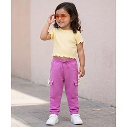 Babyhug Cotton Looper Knit Full Length Lounge Pant with Floral Applique - Pink