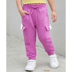 Babyhug Cotton Looper Knit Full Length Lounge Pant with Floral Applique - Pink