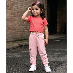 Babyhug Cotton Looper Knit Full Length Lounge Pant With Text Print - Pink