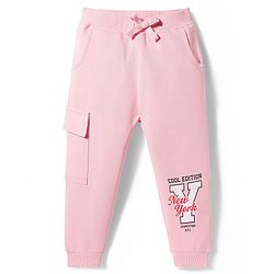 Babyhug Cotton Looper Knit Full Length Lounge Pant With Text Print - Pink