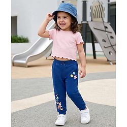 Babyhug Cotton Looper Knit Full Length Lounge Pant With Deer & Floral Print - Navy Blue