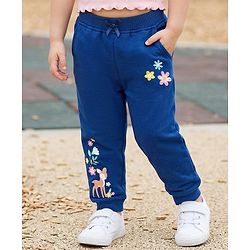 Babyhug Cotton Looper Knit Full Length Lounge Pant With Deer & Floral Print - Navy Blue